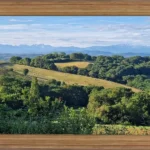 Paysage de campagne vallonnée sur fond de Pyrénées